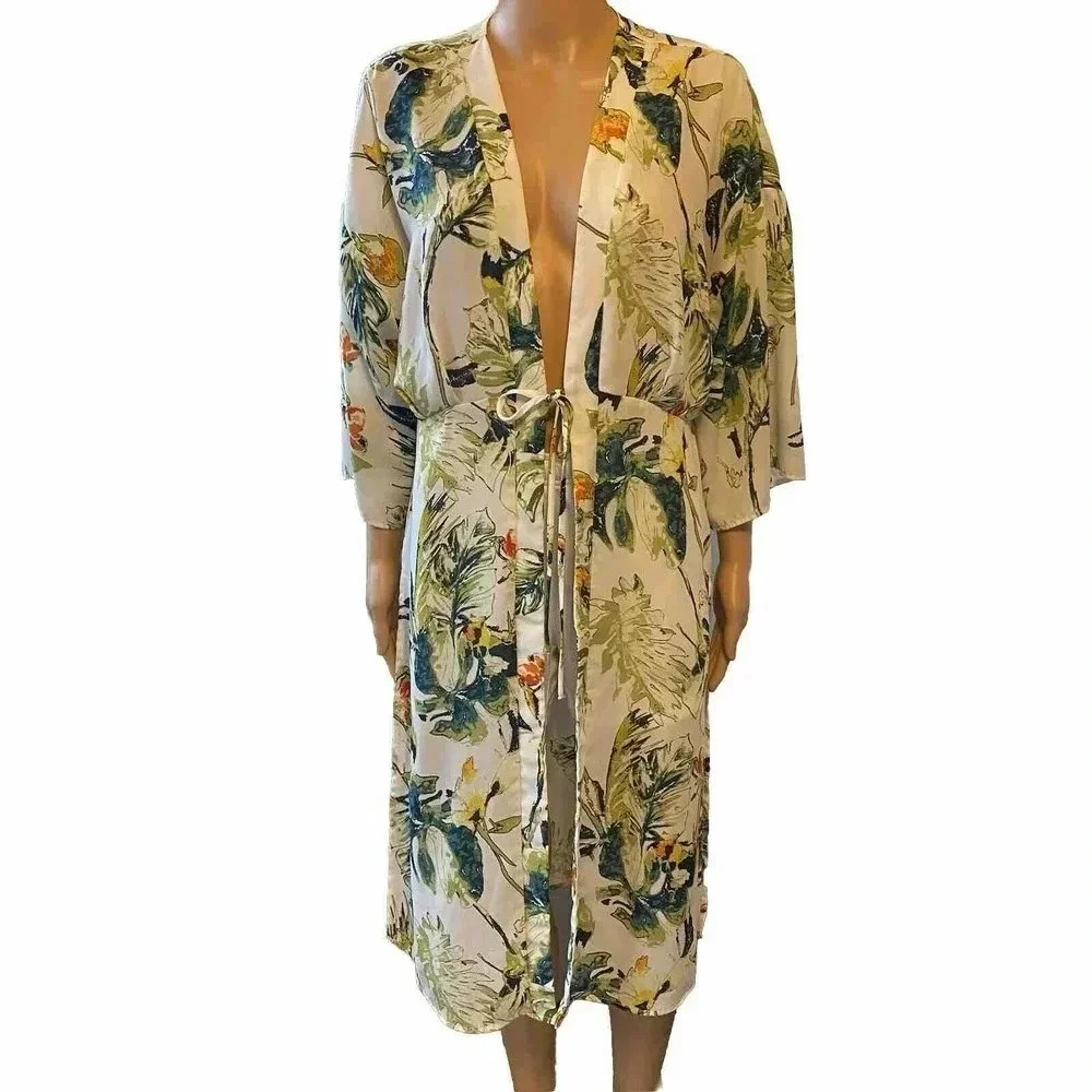 Active USA Duster Cardigan Coverup Tropical Floral Boho Summer Vacation Women M